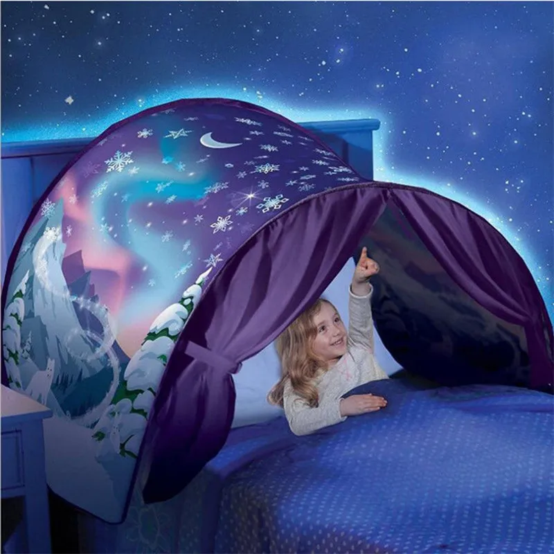 Kids Dream Tents Baby Pop Up Bed Tent Cartoon Snowy Foldable Playhouse Comforting At Night Sleeping Outdoor Camp Tipi + Light