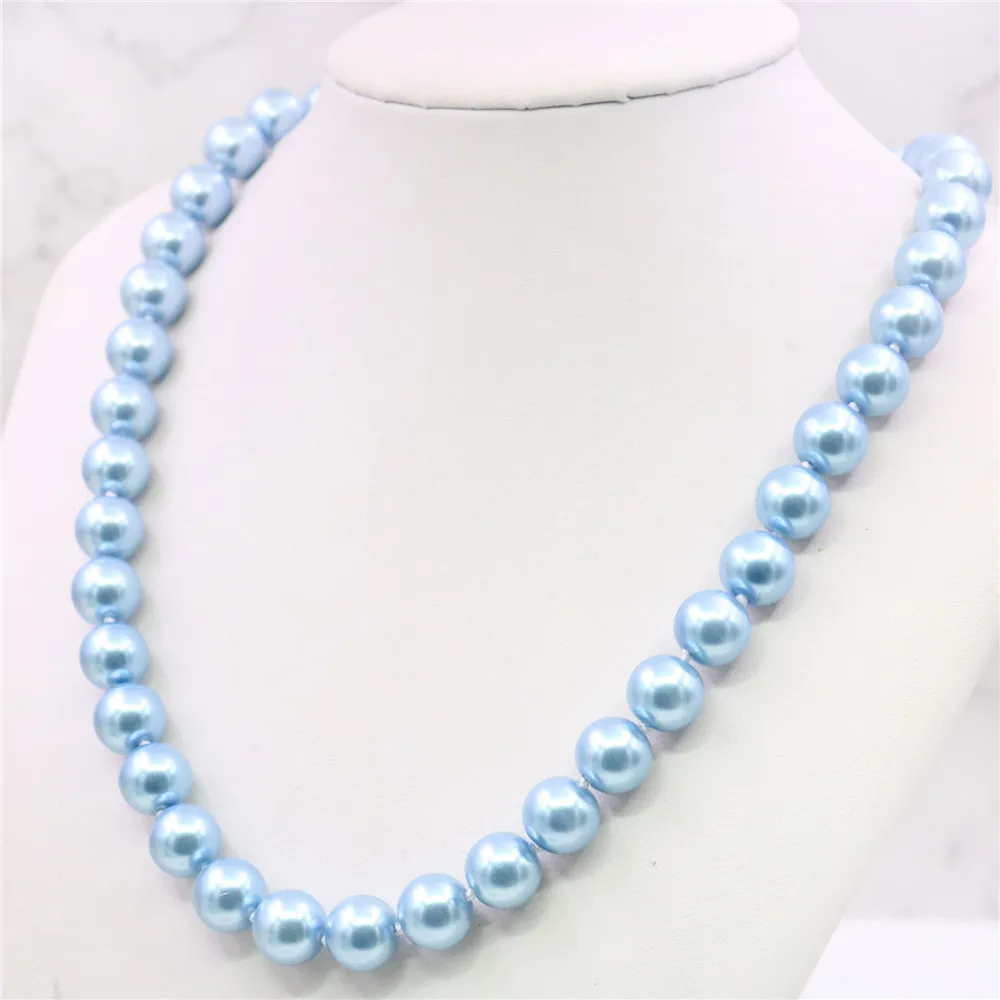 10mm Round Sky Blue Pearl Shell Necklace Women Girls Hand Made Jewelry Making Design Fashion Accessory Gifts For Mother