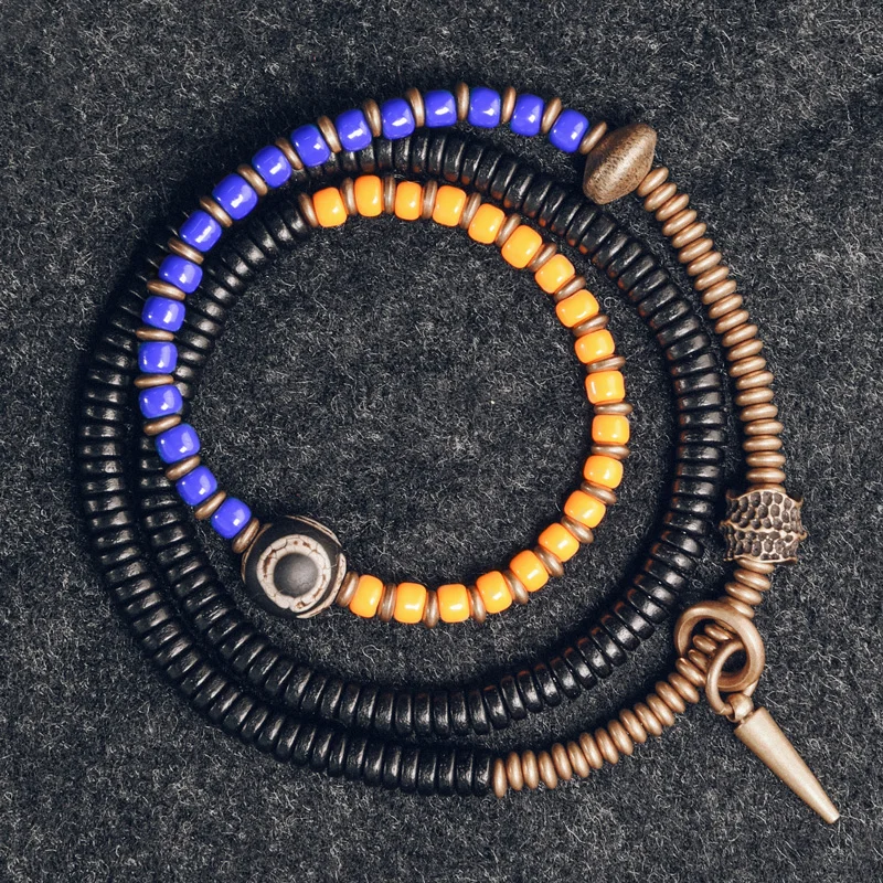 Chakra Colored Glaze  Ebony Spacer Beaded Bracelet Hand Hammered Copper Charm Vajar Bohemia Vacation Healing Grllfriend Mom Gift