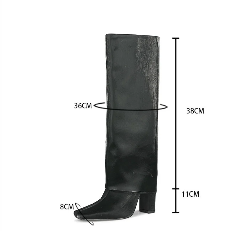 2020 New Lychee Pattern Women Boots Black Fold Knee High Heel Boots Pointed Toe Long Boots Female Square Heel Chaussure Femme