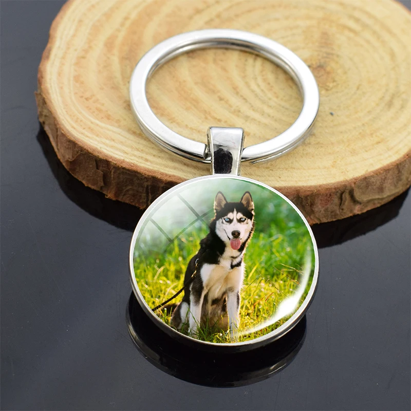 Animals Key Chains Siberian Husky Double Side Keychain Dog Photo Glass Cabochon Keyring Animals Jewelry