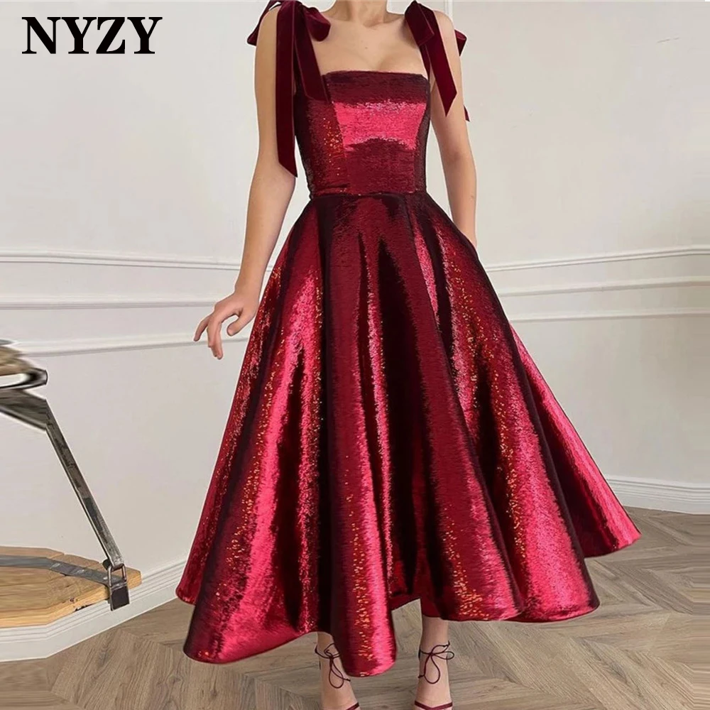 

P130 NYZY Vintage Ball Gown Burgundy Evening Dresses 2021 Tea Length Sequin Party Cocktail Dress Prom Gown Robe de Soiree