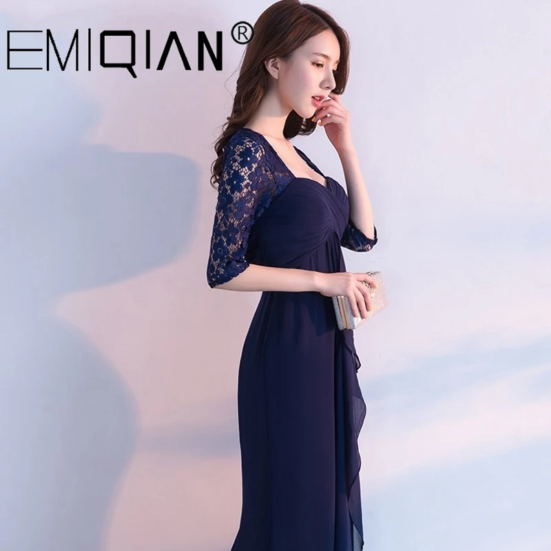 Designer Empire Mermaid Formal Prom Party Dress Half Sleeve Navy Blue Chiffon Evening Dresses Vestido de festa