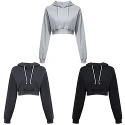 2023 Autumn Women Hoodies Solid Crop Hoodie Long Sleeve Jumper Hooded Pullover Coat Casual Sweatshirt Top Sudaderas Mujer