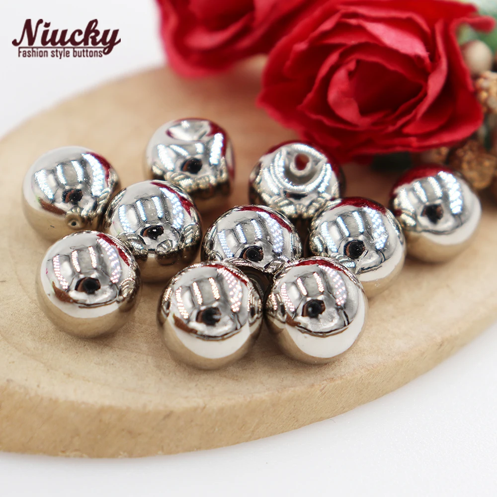 Niucky-Bola redonda con agujero oculto, botones de perlas plateadas ligeras para coser ropa, vestido, manualidades, cuentas decorativas, P0301-046Silver, 10mm