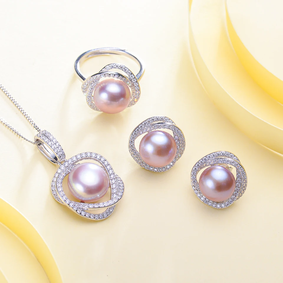 Zorun- Genuine Natural Freshwater Pearl Wedding  Jewelry Sets 11-12MM with 925 Sterling Silver Ring Sets for Women