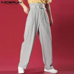 INCERUN 2024 Men Straight Pants Solid Color High Waist Streetwear Fashion Trousers Joggers Loose Casual Pantalon No Belt S-5XL