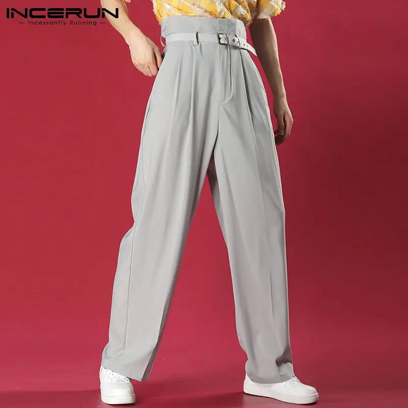 INCERUN 2024 Men Straight Pants Solid Color High Waist Streetwear Fashion Trousers Joggers Loose Casual Pantalon No Belt S-5XL