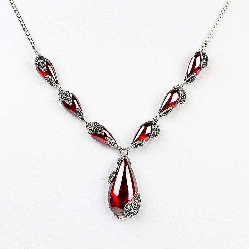 

ZHJIASHUN Royal Natural Gemstone Garnet 100% 925 Sterling Silver Big Necklace Pendant Chain For Women Wedding Gift Fine Jewelry