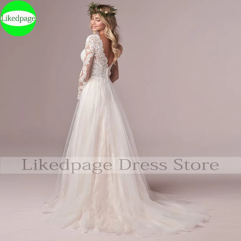 فستان زفاف بأكمام طويلة 2021Boho Vestido De Novia أنيق مزين بالدانتيل رداء Mariage مقاس كبير Trouwjurk Sukienka Na iceele