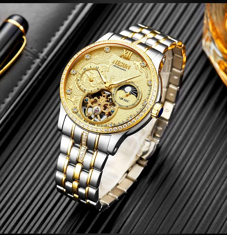 Schweiz NESUN Automatische Mechanische Uhr Luxus Marke männer Uhren Skeleton Uhr Sapphire 100M Wasserdichte Mond Phase N9096