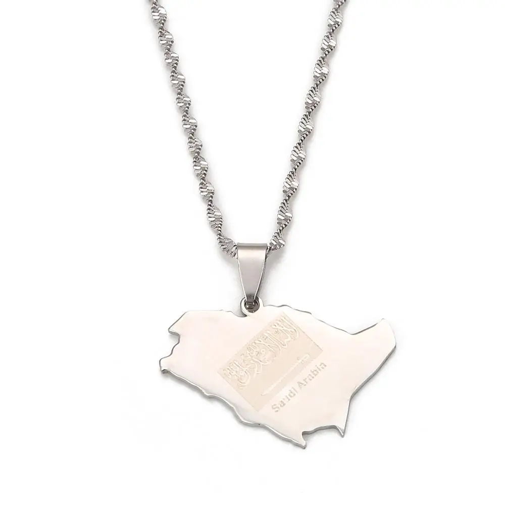 Stainless Steel Saudi Arabia Map Flag Pendant Necklace Kingdom of Saudi Arabia Map Chain  Jewelry