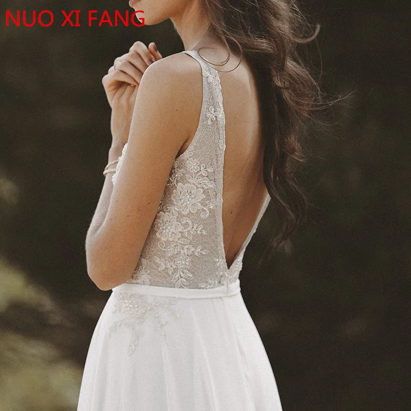 NUOXIFANG-vestidos de novia de playa con cuello en V, Top de encaje, falda de gasa, línea A, blanco, espalda abierta, vestido de novia bohemio, envío gratis