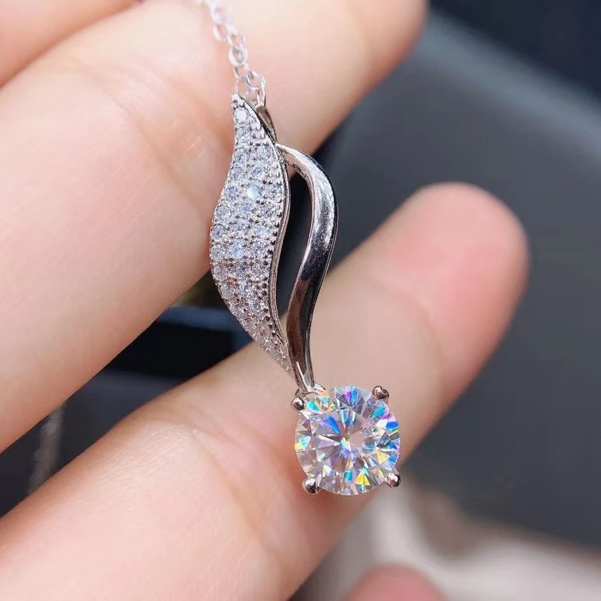 

leaf style crackling moissanite pendant for necklace women jewelry real 925 silver stargem 6.5x6.5mm shiny better than diamond