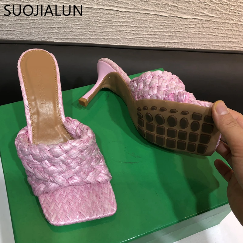 SUOJIALUN 2021 Summer Women Slipper Fashion Brand Weave Slides Ladies Elegant Thin High Heel Sandal Dress Pumps Shoes Big Size41