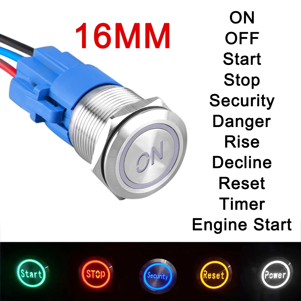 Reliable 16mm Customization Metal Push Button Switch Luminous Character Lettering LED Light Momentary Latching 12V 24V