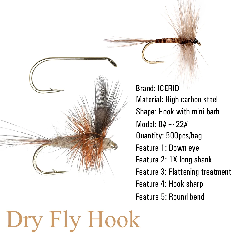 ICERIO 500/1000PCS Fly Tying Hook High Carbon Steel Nymph Dry Wet Fishing Fly Hook Down Eye 1X Long Shank Round Bend