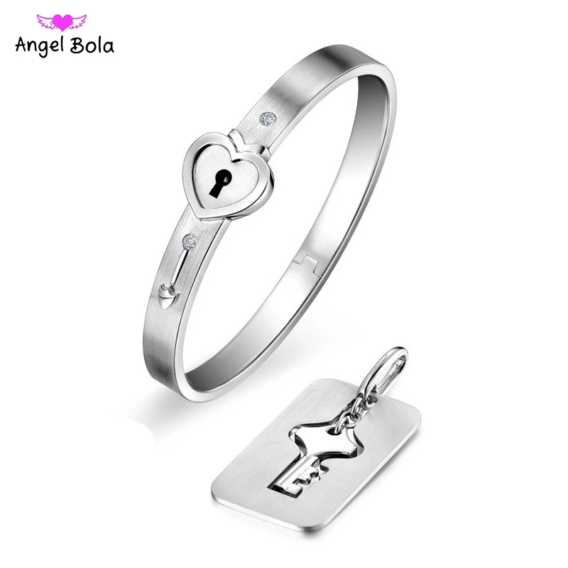 A Couple Jewelry Sets Stainless Steel Love Heart Lock Bracelets Bangles Key Pendant Necklace Couples Drop Shipping