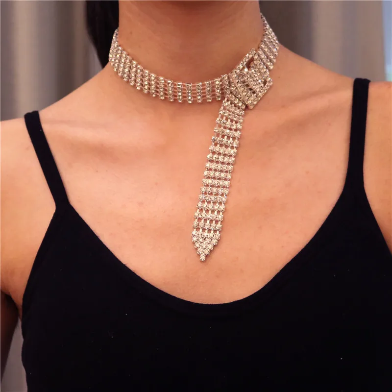 Fashion Full Rhinestone Choker Necklaces for Women Bijoux Shiny Silver Color Button Necklaces Statement Jewelry Party Gift