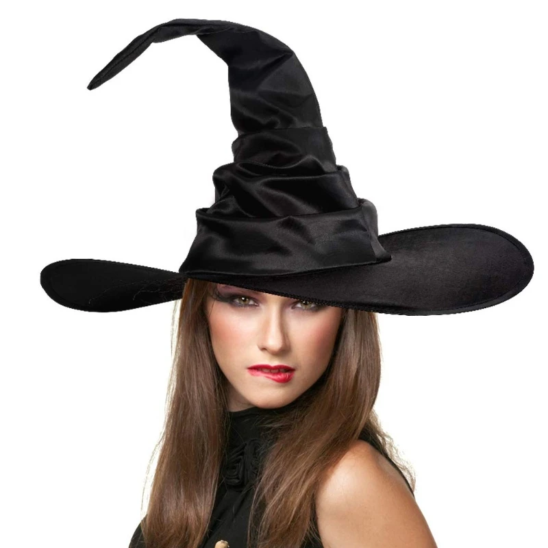 Unisex Halloween Angled Witch Hat Black Folds Wizard Hat Men Women Party Headgear Cosplay Cap Festivals Party Props Decor