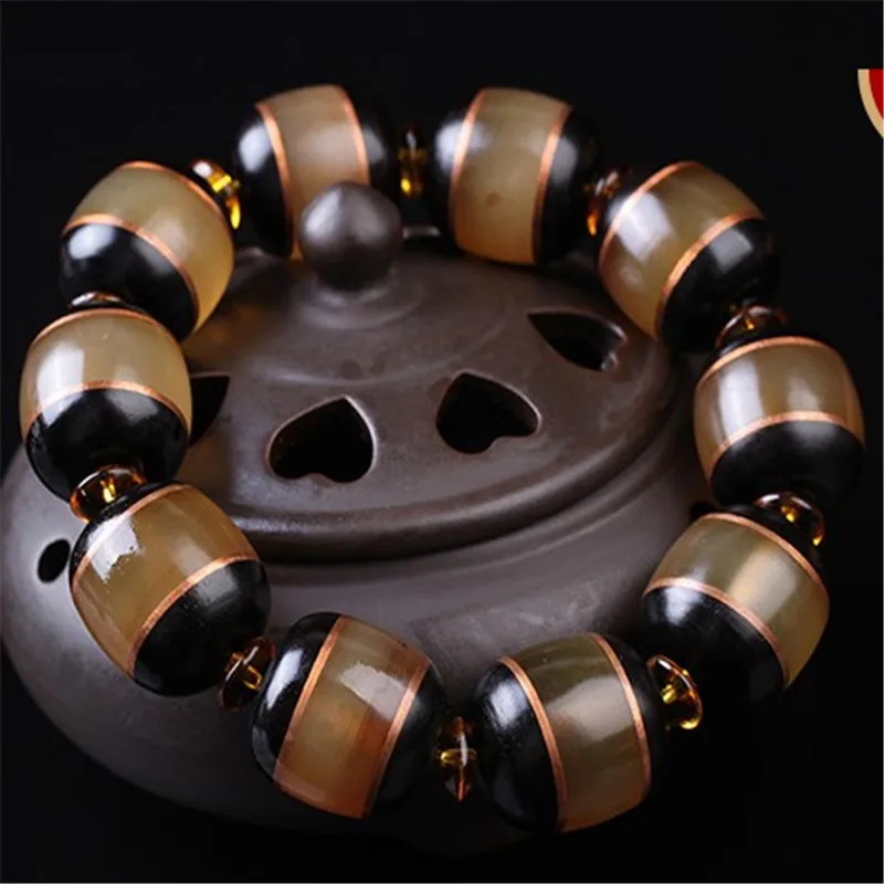 Tibetan Plateau Horn inlaid black ox horn barrel-shaped Buddhist beads bracelet men's collection of beads matching certificate