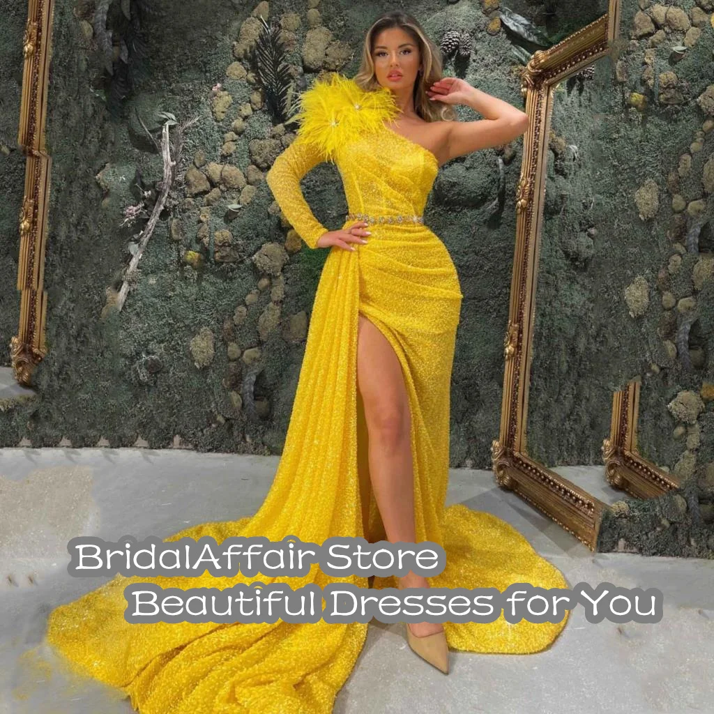 BridalAffair สีเหลือง Charming Mermaid Evening Dresses แขนยาวขนสูงแยกผู้หญิงประกวด Gowns