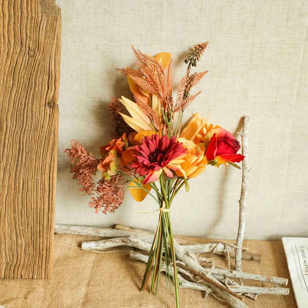 Autumn Bouquet Silk Rose Maple Leaves Dandelion Fake Flowers Artificial Flower for Home Wedding Halloween Decoration Fall Decor