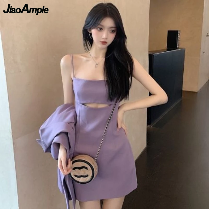 Women Autumn Two Pieces Dress Set 2022 Korean Office Lady Graceful Purple Suit Coat+Hollow Out Sling Dress Elegant Work Clothes