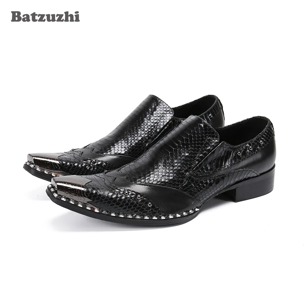 Batzuzhi Italian Style Men's Shoes Black Genuine Leather Dress Shoes Men Special Metal Toe Business Formal Oxford Shoes, EU38-46