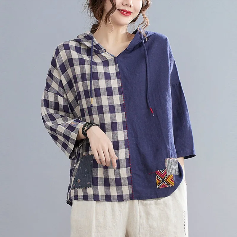 

Women Cotton Linen Casual T-shirts New 2021 Summer Vintage Style Patchwork Plaid Loose Female Hooded Tops Tees S3853