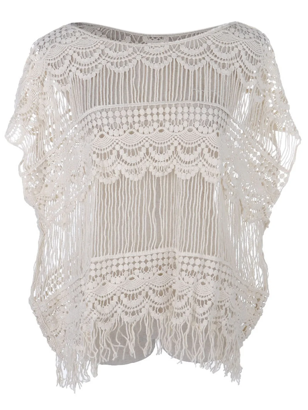 Fit Beige Scallop Pattern Crochet Fringe Hem Dolman Sleeves Top Elegant Sleeveless Women Blouse