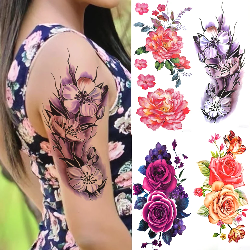 3D Lily Flower Temporary Tattoos For Women Adults Rose Lotus Anemone Tattoo Sticker Fake Half Sleeve Watercolor Arm Tatoos