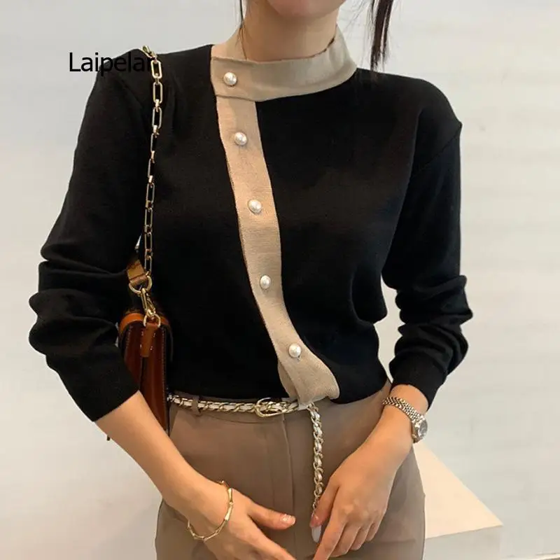 

Retro Knitted Sweaters For Women Korean Patchwork Round Neck Sweaters Simple Elegant Slim Fit Pullovers Spring Autumn 2022