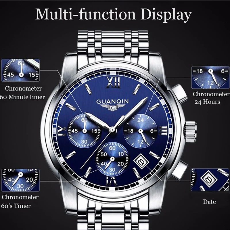 GUANQIN Casual Sport Watches Blue Top Brand Luxury Brand Quartz Watch Men 19018 Watches Stainless Steel Chronograph Wristwatch