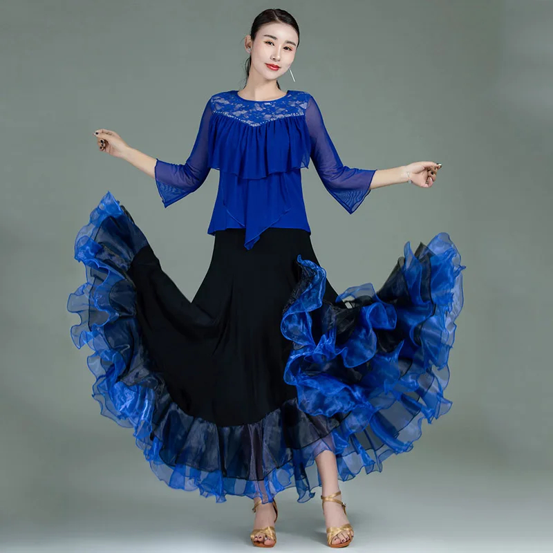 

Ballroom Dance Competition Skirt For Women Stage Costume Blue Tango Dance Wear Dancer Outfit Long Skirt Designer Clothes DL7189