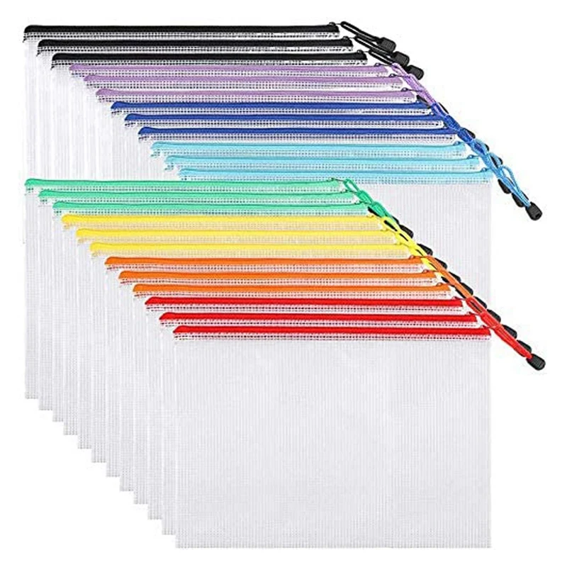 

24Pcs Mesh Zipper Pouch Document Bag, Plastic Zip File Folders, Letter Size/A4 Size, for Office Supplies