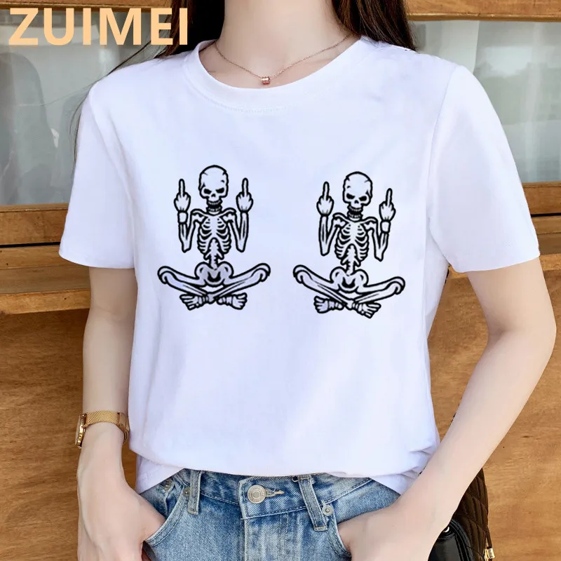 Skull Middle Finger harajuku Print Harajuku Top Women T-shirt Casual ladies basic O-collar Short Sleeved T-shirt Girl,Drop Ship