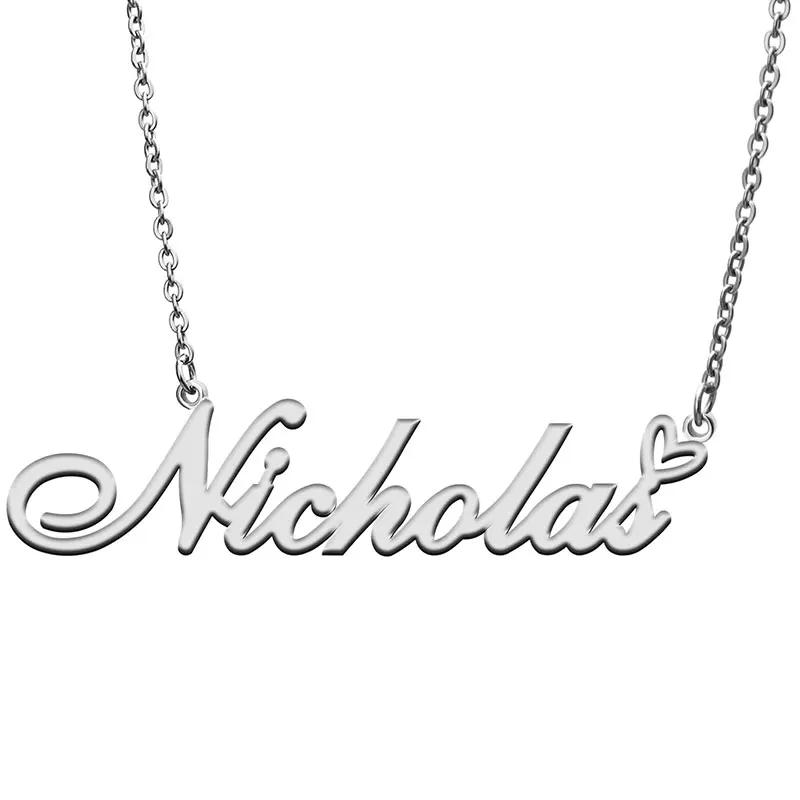 Nicholas Name with Heart Necklace for Women Stainless Steel Jewelry Nameplate Pendant Femme Mother Child Girls Gift