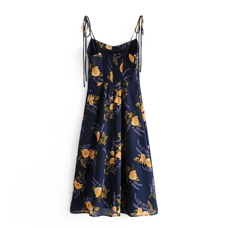 2020 French Summer Navy Blue Floral Print Bandage Spaghetti Strap Midi Dress Retro Sexy Women Lacing Up Sling Slit Vestido