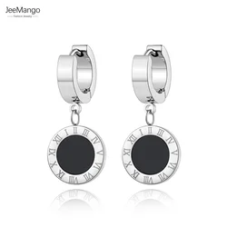 JeeMango Black Shell Roman Numerals Circle Hoop Earrings Titanium Steel Engagement Wedding Earrings For Women JE18114