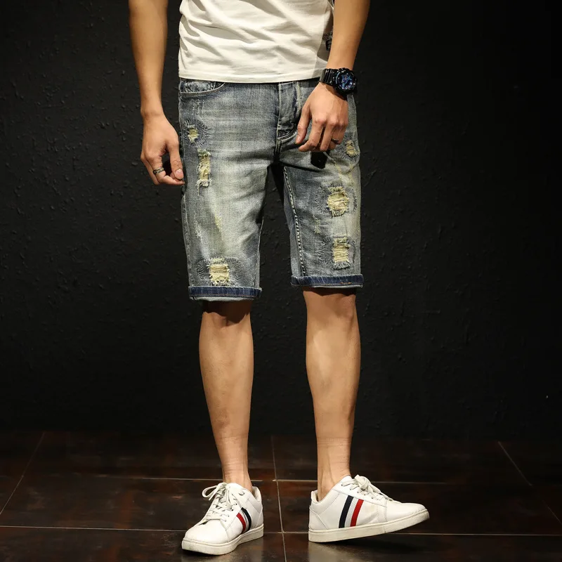 

Newest Hot Fashion Hole Denim Jean Men's Distressed Rip Colored Casual Jeans Short Pant Male Denim Ripped Shorts Summer Clothes