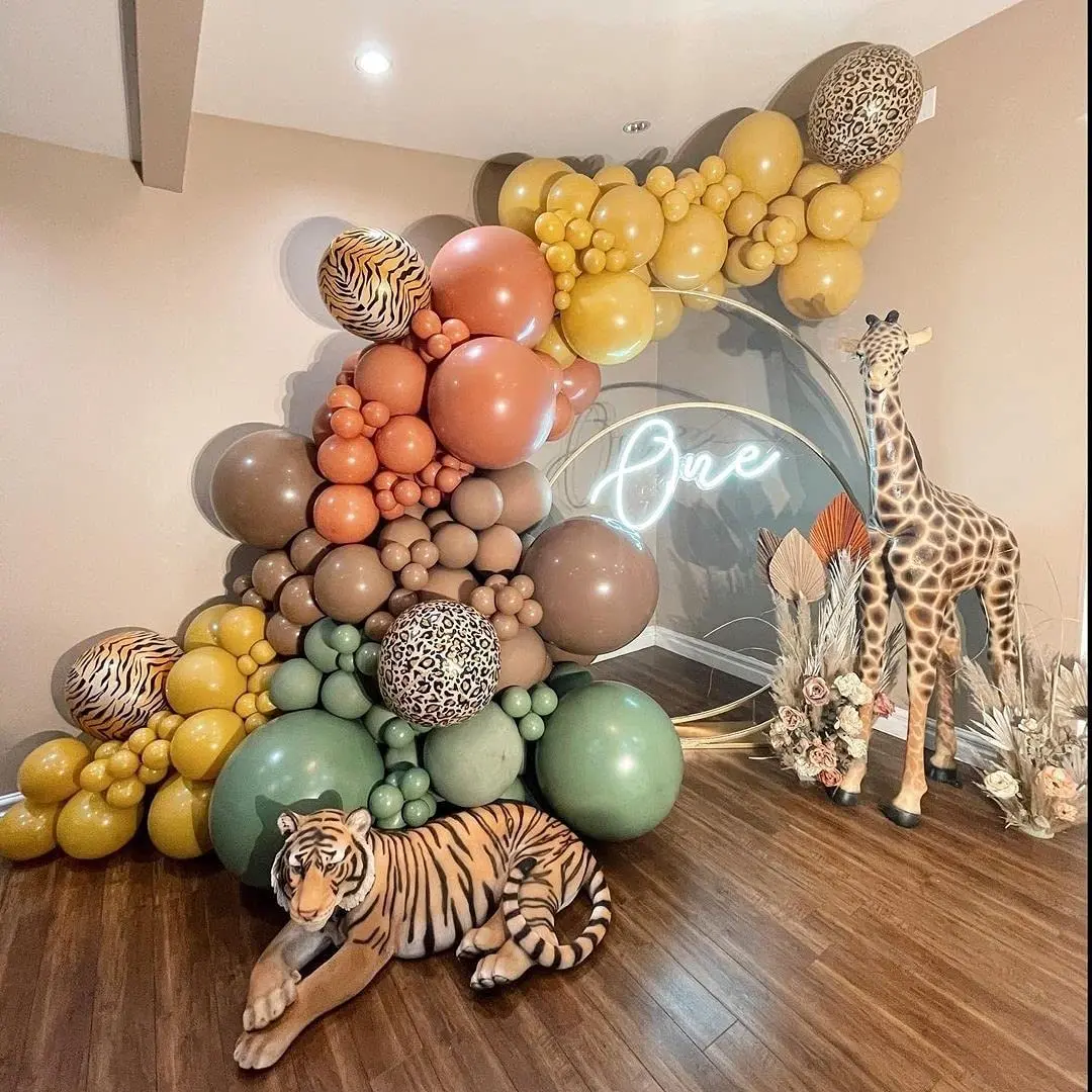 Arco de globos con decoración de jungla, guirnalda de globos verdes salvia, globos de aluminio con rayas de animales, globo de cumpleaños, primera fiesta de Baby Shower