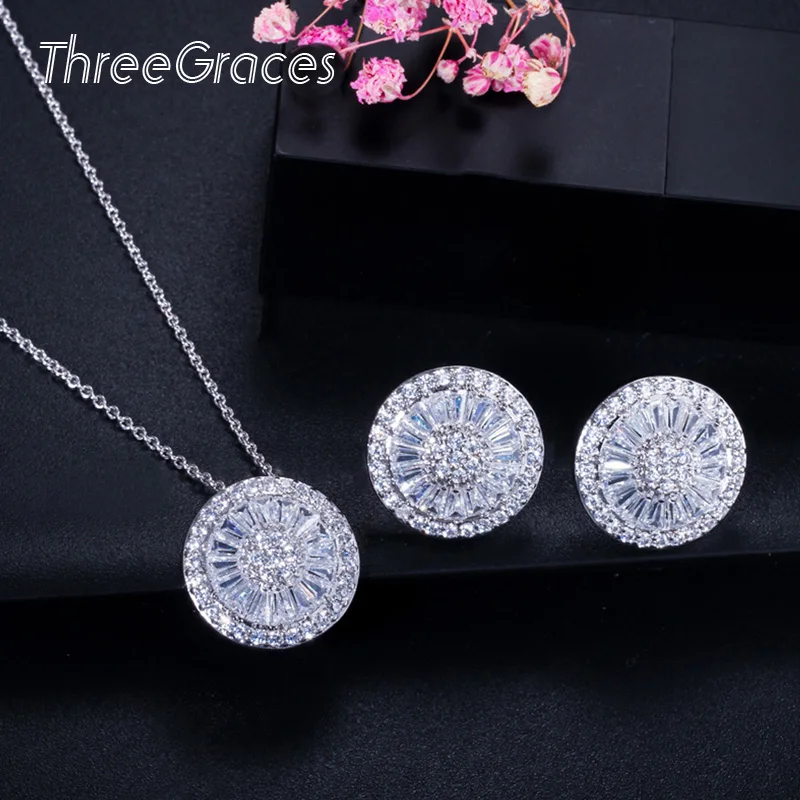 

ThreeGraces Fashion CZ Female Jewelry Perfect Round Shape Cubic Zirconia Micro Pave Trendy Necklace Earrings Set For Women JS201