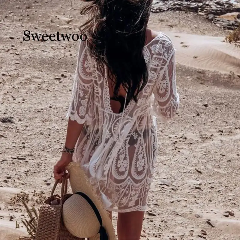 Sexy Transparent Mesh Beach Dress Women White Lace Swimsuit Female Cover Ups Female Hollow Out Swimwear Cover Up Beach Wear