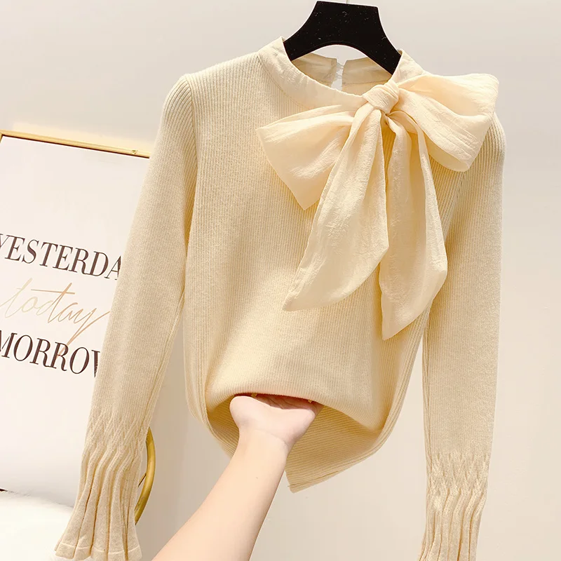 Autumn Winter Retro Tie 3D Bow Decors Sweater Flare Sleeve Pullovers Bottoming Knitted Shirt Long Sleeve Tops Blusas Mujer 2019