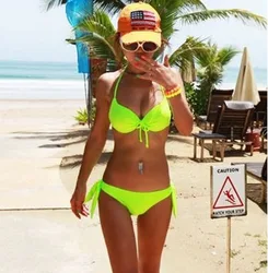 Neon zielony Push Up stringi Bikini 2022 Sexy dwuczęściowy strój kąpielowy kobiety stroje kąpielowe kobiet Halter Bikini Set brazylijski strój kąpielowy pływać