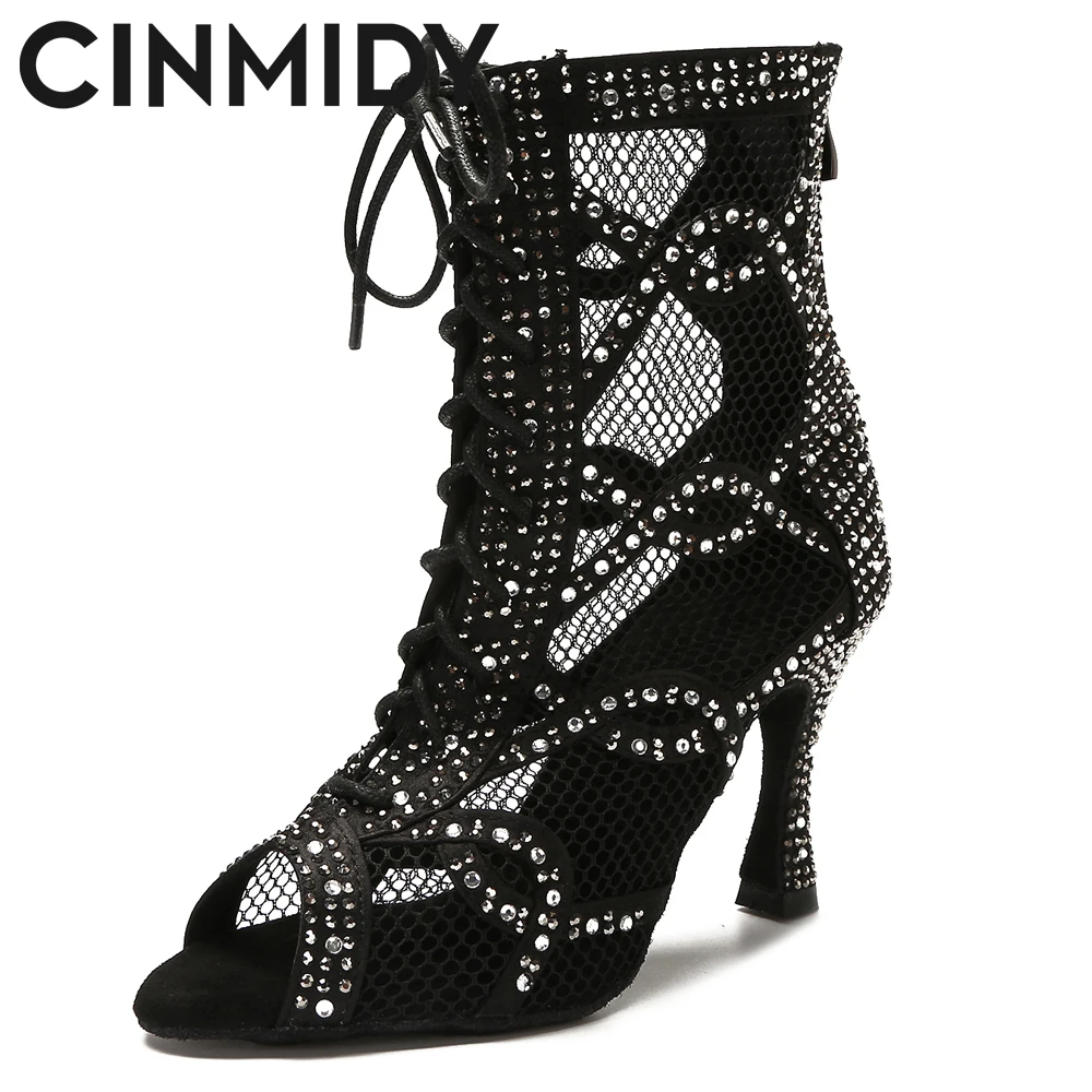 CINMIDY Dance Boots  Belly Dance /Pole Dance Shoes Women Latin Dance Shoes Breathable Mesh High Heels Ballroom Dancing Shoes