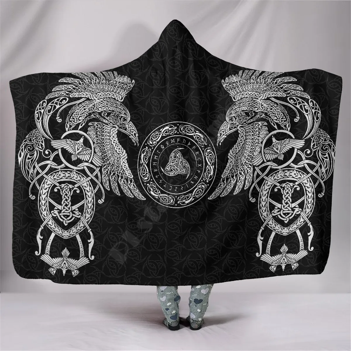 

Viking Hooded Blanket Munin Raven Hooded Blanket Adult colorful child Sherpa Fleece Wearable Blanket Microfiber Bedding