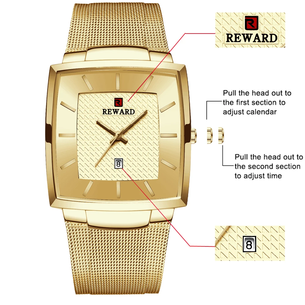 REWARD Top Luxury Brand Men Gold Watches Stainless Steel Quartz  Watch Men Business Waterproof Date Wristwatch Relogio Masculino