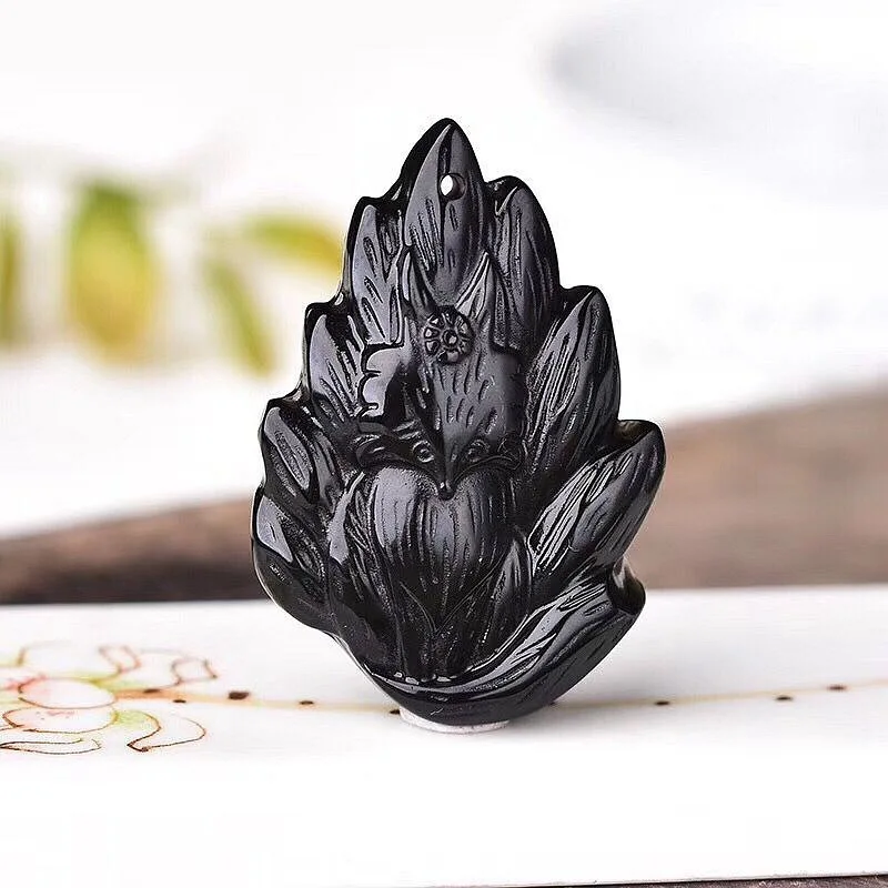 Natural frosted obsidian drop nine-tailed fox pendant to attract wealth and protect against small men and women